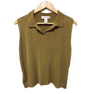 Jones New York 100% Silk Ribbed Sleeveless Polo Top Olive Green Vintage L